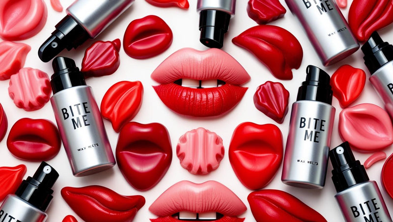 BITE ME - A BUNCH OF RED AND PINK LIPS WITH SILVER SPRAY BOTTLES SPREAD OUT AROUND THE LIPS WE ALSO MAKE THE SPRAY