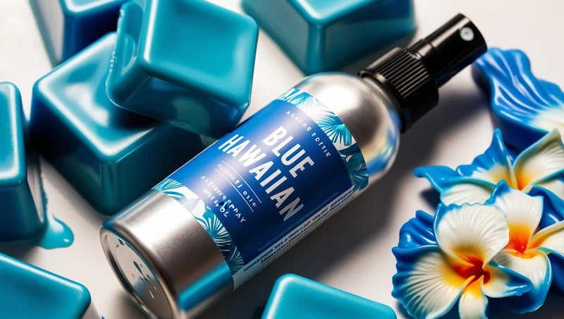 BLUE HAWAIIAN - PICTURE OF THE SPRAY BOTTLE & WAX MELTS WITH A HAWAIIAN FLOWER