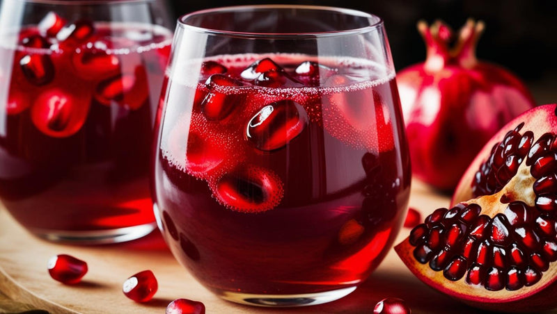 GLASS OF CIDER AND A POMEGRANTE THAT IS OPENED